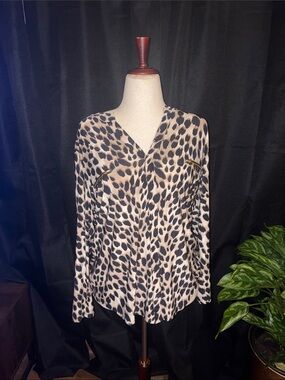 INC International Concepts Beige and Black Leopard Print V-Neck Blouse